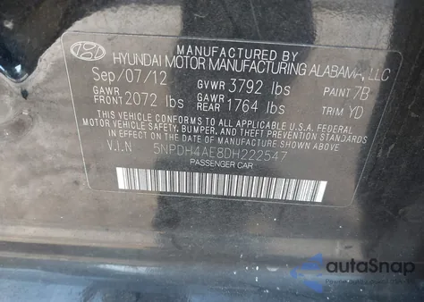 2013 Hyundai Elantra Gls z USA, uszkodzony, nr VIN 5NPDH4AE8DH222547